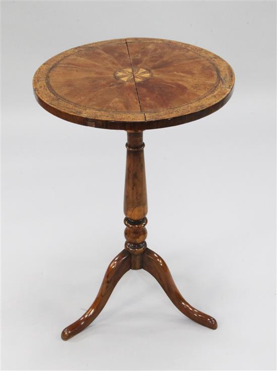 A 19th century yew wood tripod wine table, W.1ft 6in.